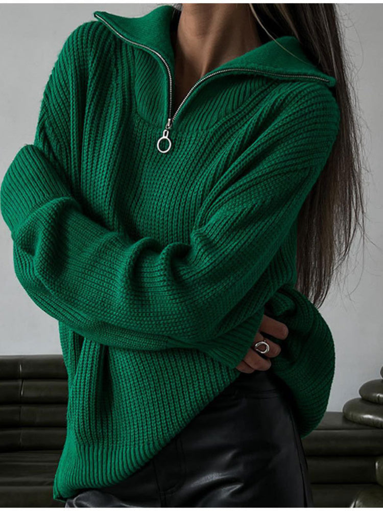 Erika Loose Zipper Lapel Women Pullover