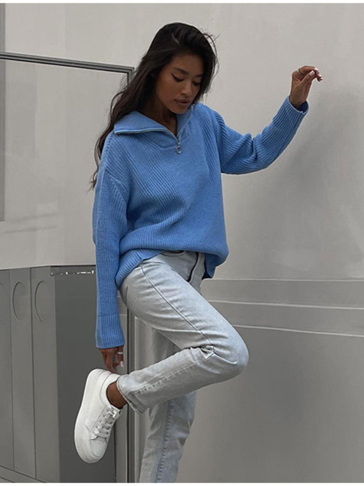 Erika Loose Zipper Lapel Women Pullover
