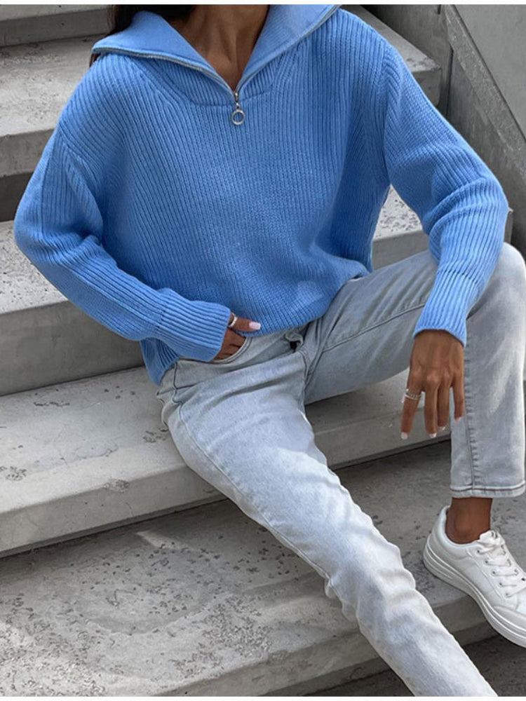 Erika Loose Zipper Lapel Women Pullover