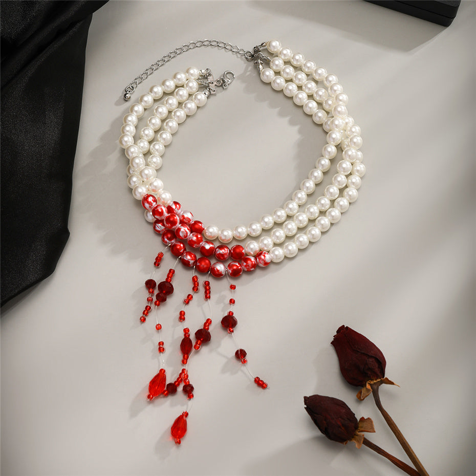 Dorothy Red Blood Pattern Pearl Tassel Pendant Necklace