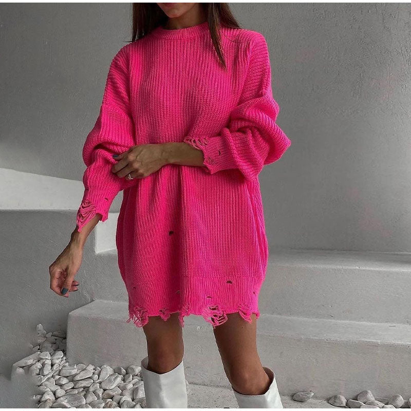 Cindy Ripped Crew Neck Long Sleeve Women Knit Sweater
