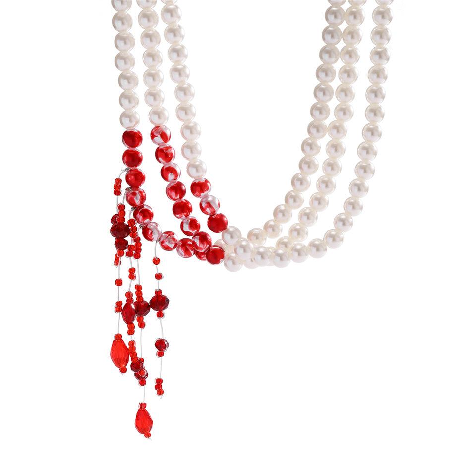 Dorothy Red Blood Pattern Pearl Tassel Pendant Necklace