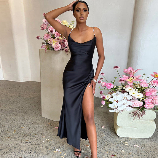 Satin Spaghetti Strap Hight Split Long Dress