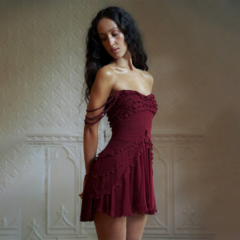 Sandy Off-shoulder Sleeveless Wavy Edge Mini Dress