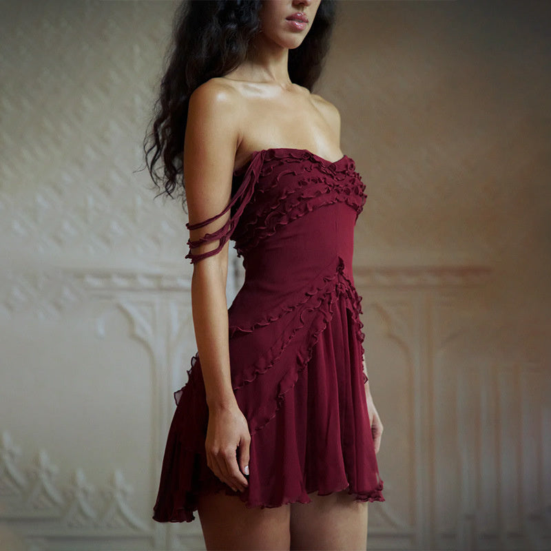 Sandy Off-shoulder Sleeveless Wavy Edge Mini Dress
