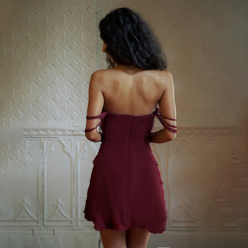 Sandy Off-shoulder Sleeveless Wavy Edge Mini Dress