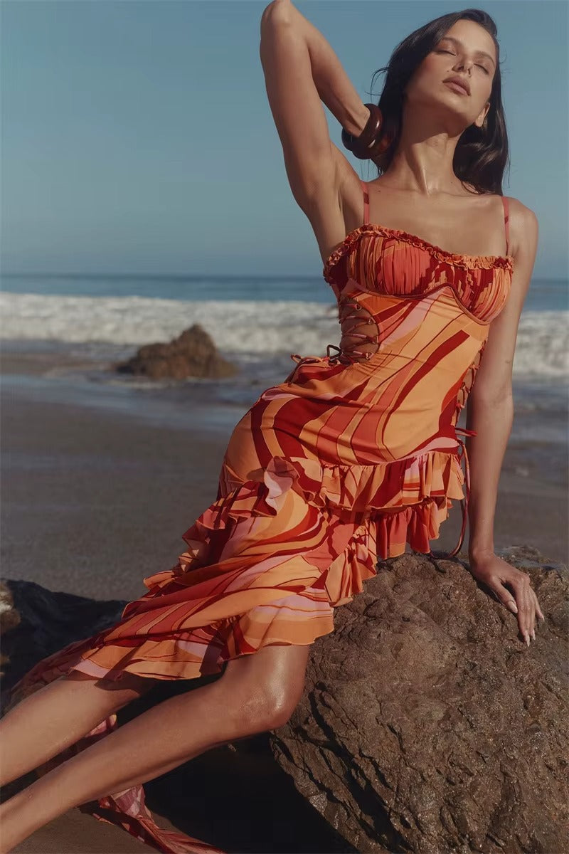 Print Ruffle Cut Out Sexy Maxi Dress
