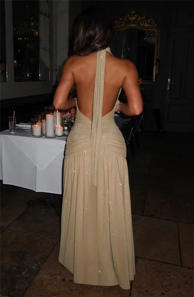 Aimee Glitter Deep V Neck Sexy Maxi Dress