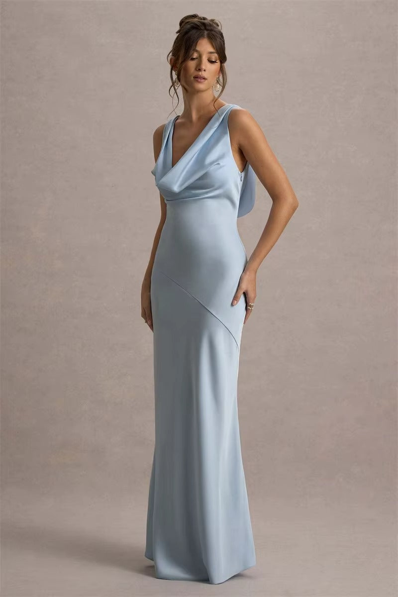 Bertha Satin Cowl Neck Backless Sexy Maxi Dress
