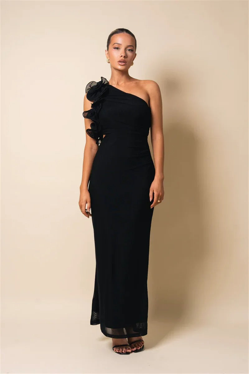 Sharon Shoulder Floral Mesh Ruched Sexy Maxi Dress