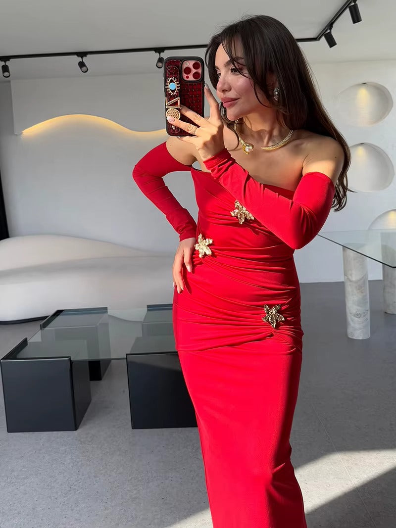 Joanv Metal Buckle Strapless Sexy Maxi Dress