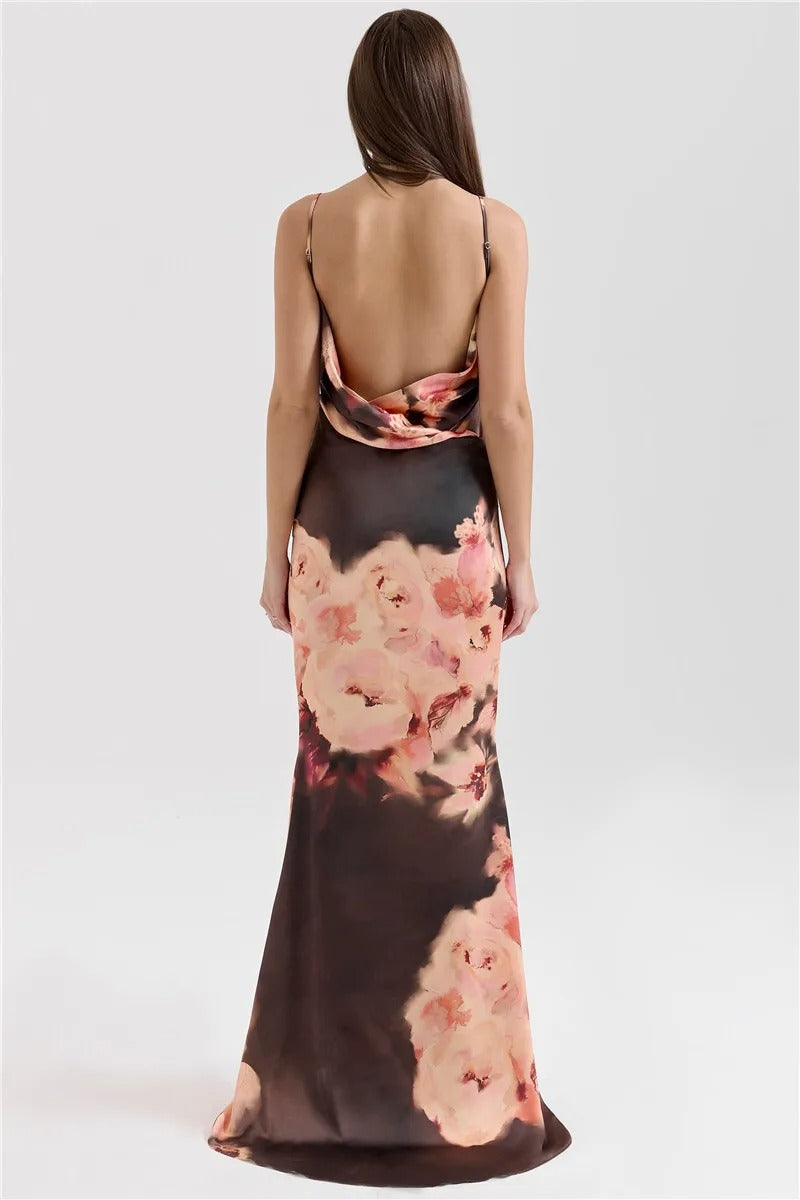 Rachel Satin Floral Print Sexy Maxi Dress