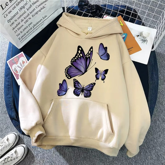 Dark Purple Butterfly Pattern Printed Hoodie