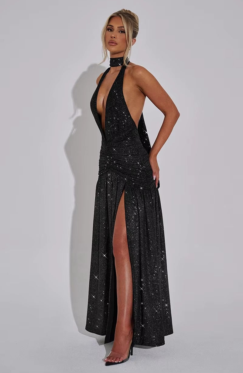 Aimee Glitter Deep V Neck Sexy Maxi Dress