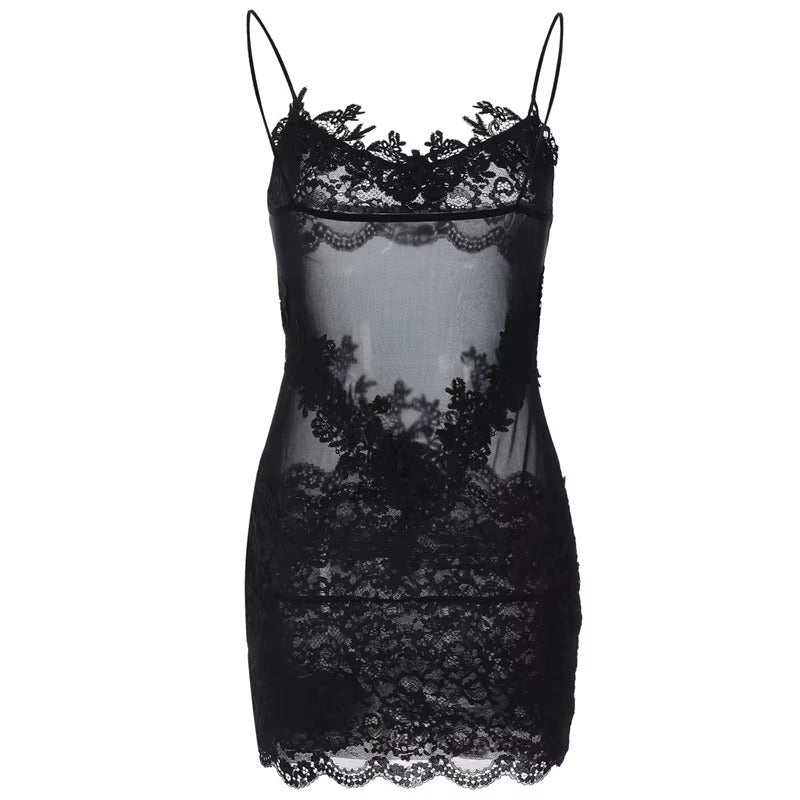See Through Spaghetti Strap Lace Sexy Mini Dress