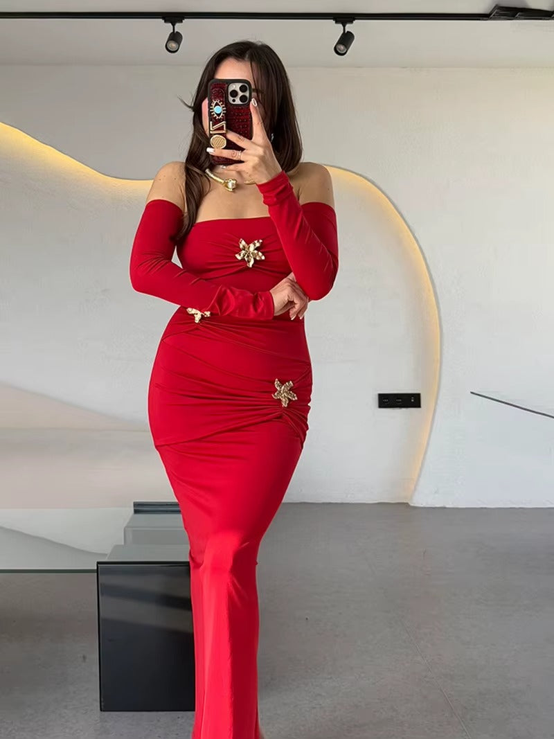 Joanv Metal Buckle Strapless Sexy Maxi Dress