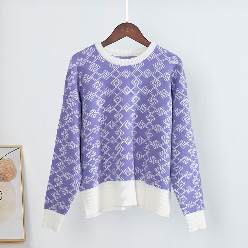 Judith Plaid Long Sleeve Oversize Knitted Women Pullover