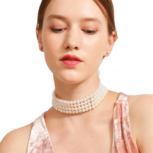 Krystal Multilayer White Pearl Choker Necklace