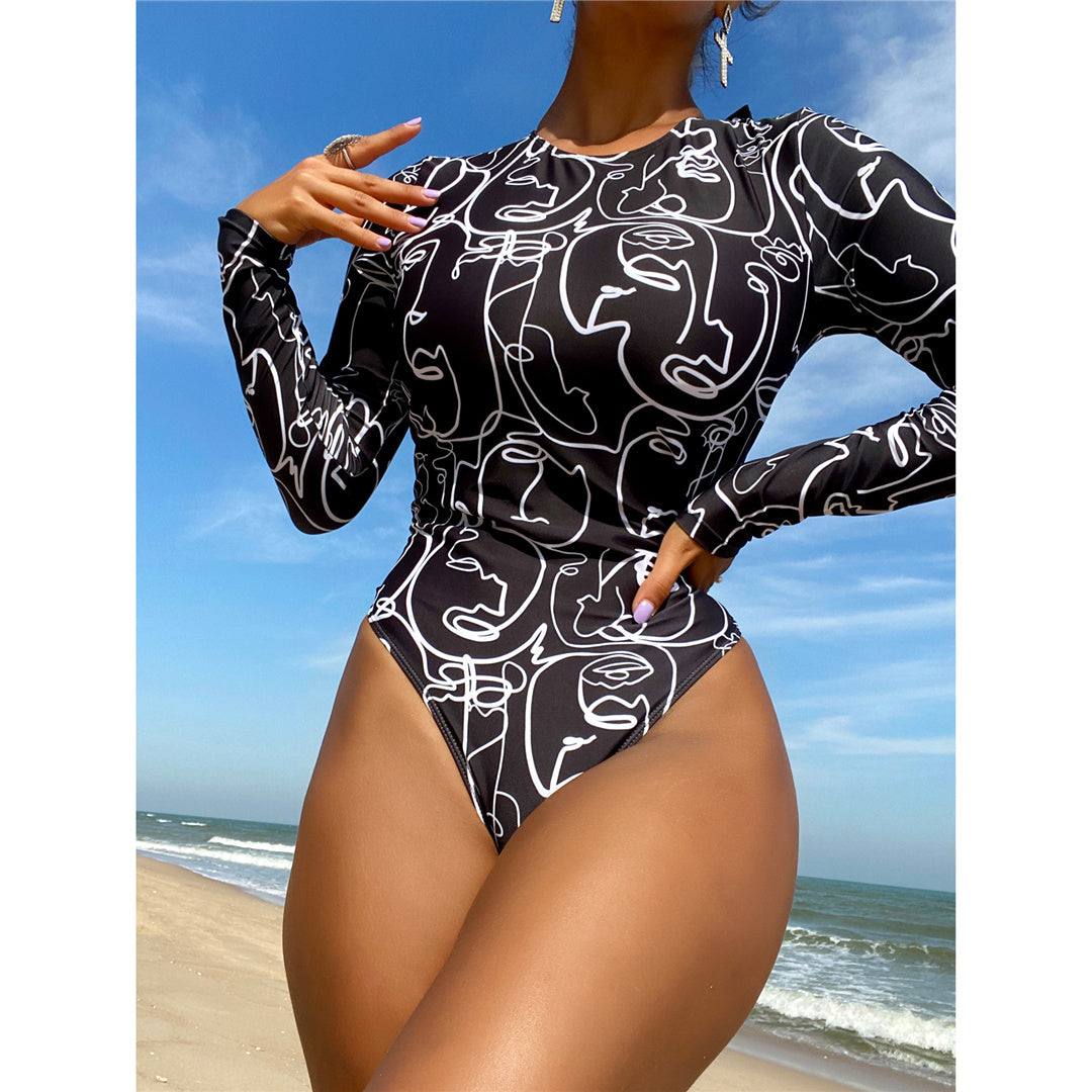 Lydia Printed Long Sleeve Backless One Piece Swimsuit