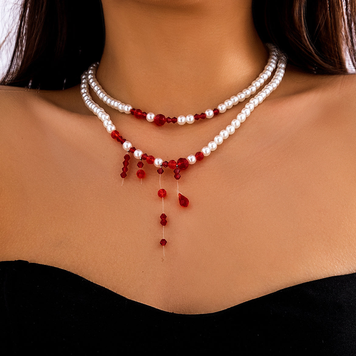 Marilyn Vintage Red Blood Pearl Chain Necklace