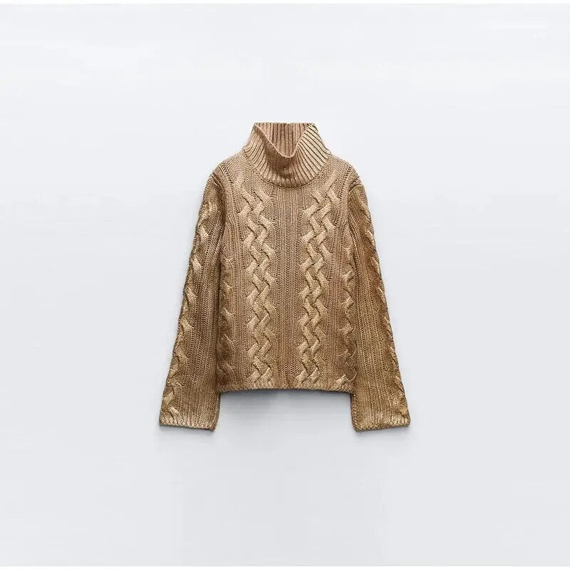 Regina Turtleneck Shiny Gold Ribbed Women Sweater