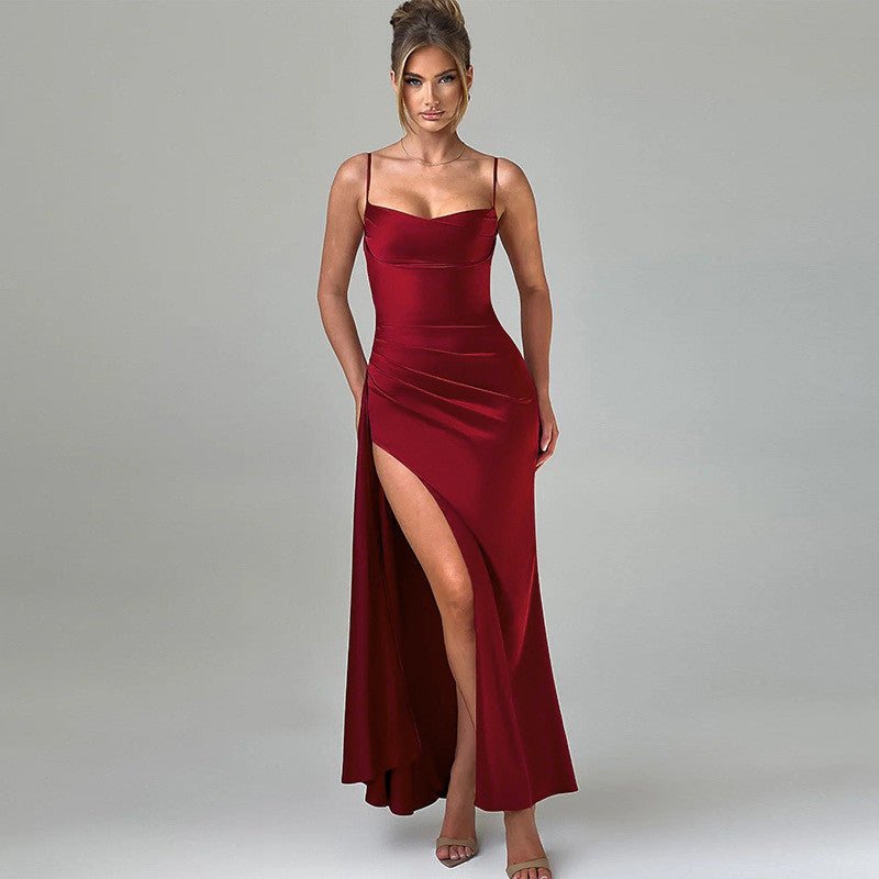 Natalie Woman Satin Split Sexy Maxi Dress