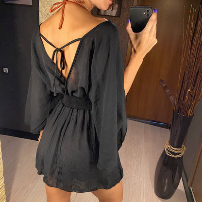 Natalie Deep V Neck Long Sleeve Backless Mini Dress