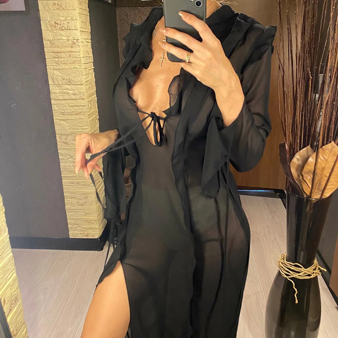 Leah High Split See Through Bodycon Long Dress