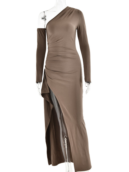 Natalie Oblique Shoulder Thigh High Split Maxi Dress