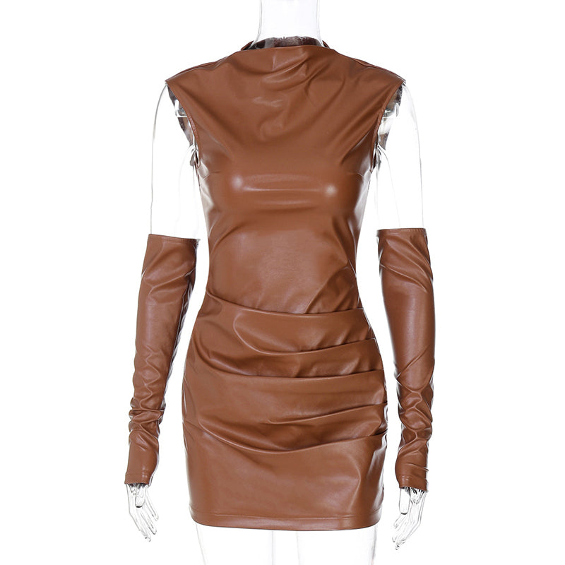 Miranda Half High Collar PU Leather Sexy Mini Dress