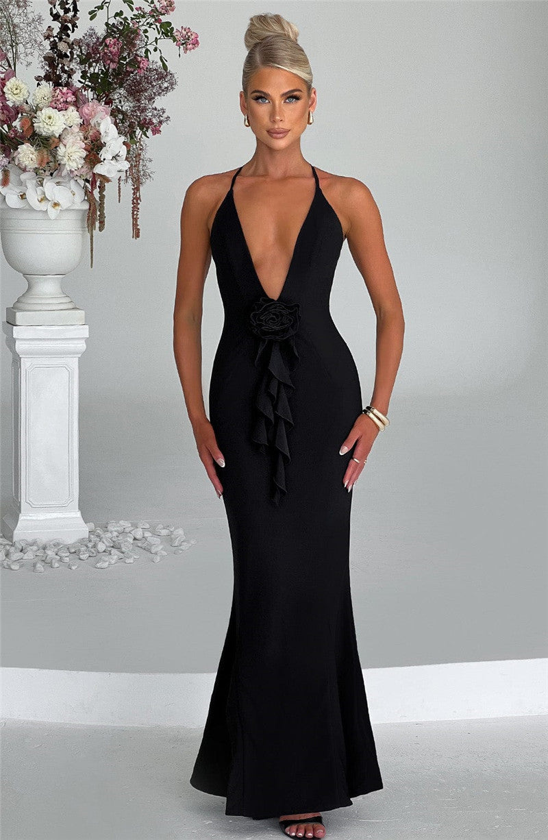 Renee Flower Deep V Neck Sexy Maxi Dress