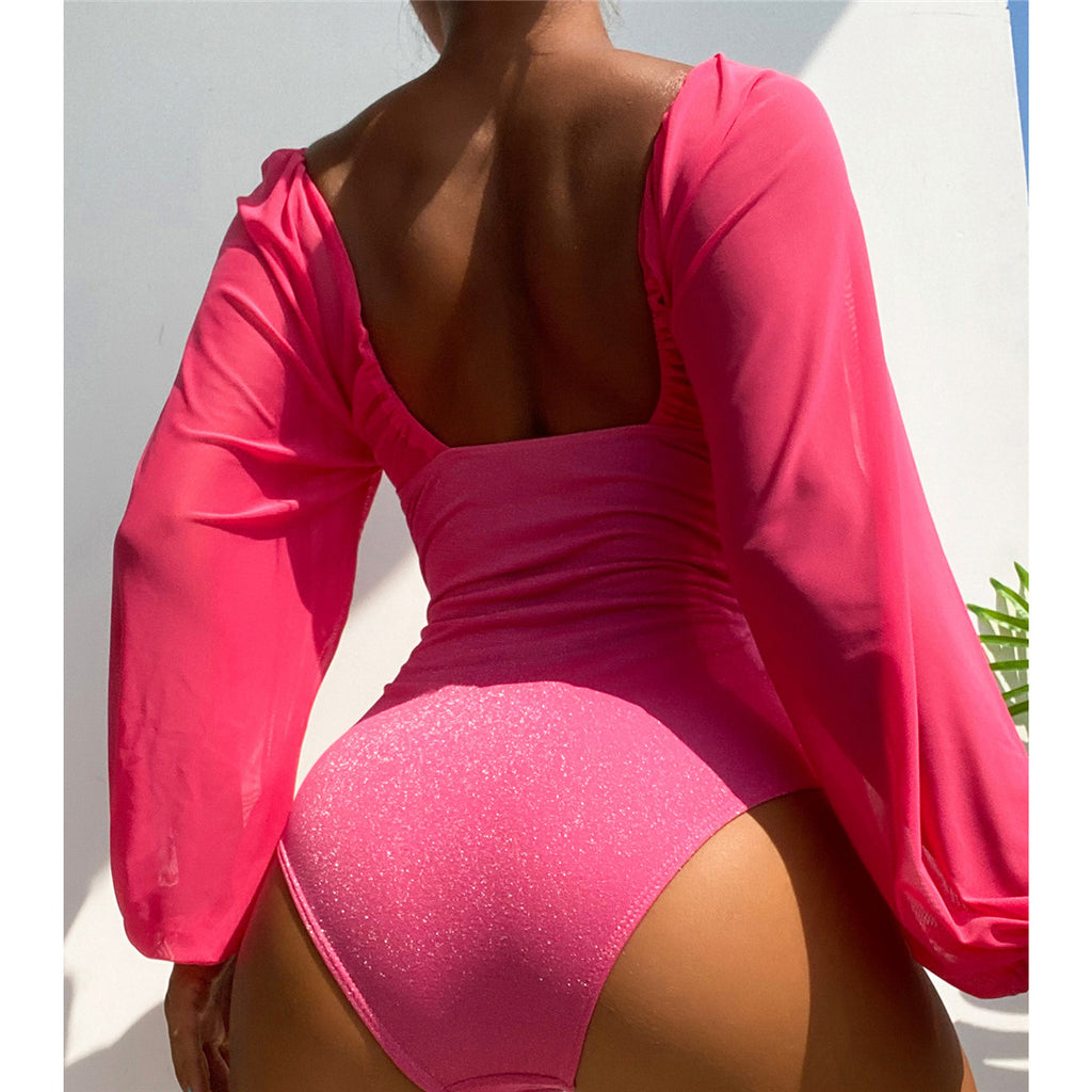 Jane Tummy Cut Out Glitter Sparkling Long Sleeve One Piece Swimsuit