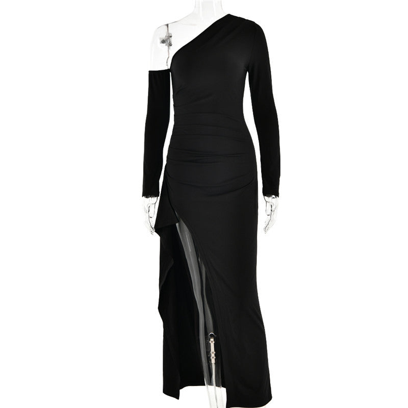 Natalie Oblique Shoulder Thigh High Split Maxi Dress