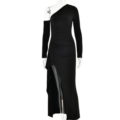 Natalie Oblique Shoulder Thigh High Split Maxi Dress