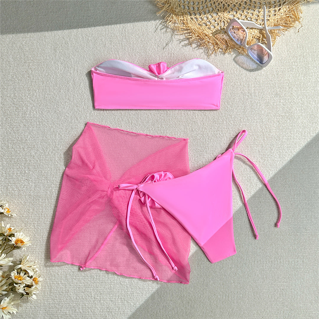 Paris 3D Flowers With Sarong Bandeau Bikini