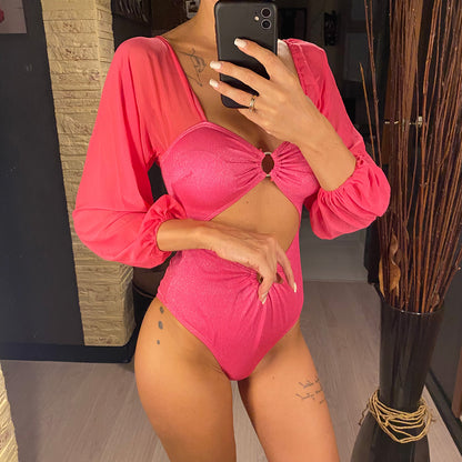 Jane Tummy Cut Out Glitter Sparkling Long Sleeve One Piece Swimsuit