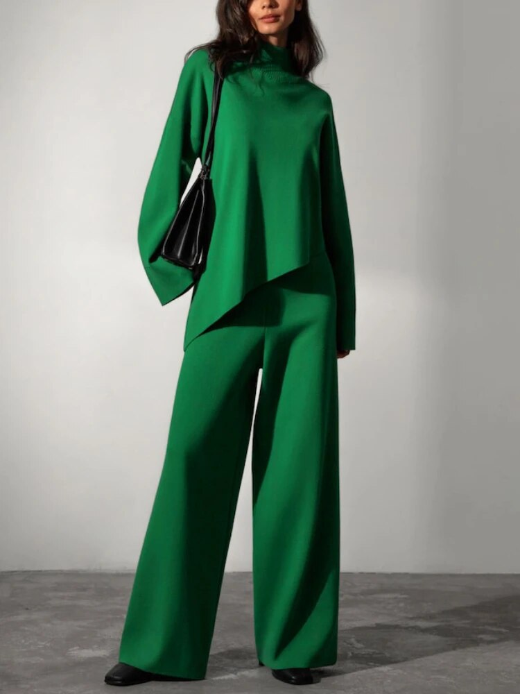Miranda Women Irregular Turtleneck Sweater High Waist Leg Pant Suit
