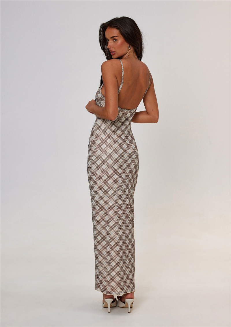 Patsy Spaghetti Strap Grid Long Dress