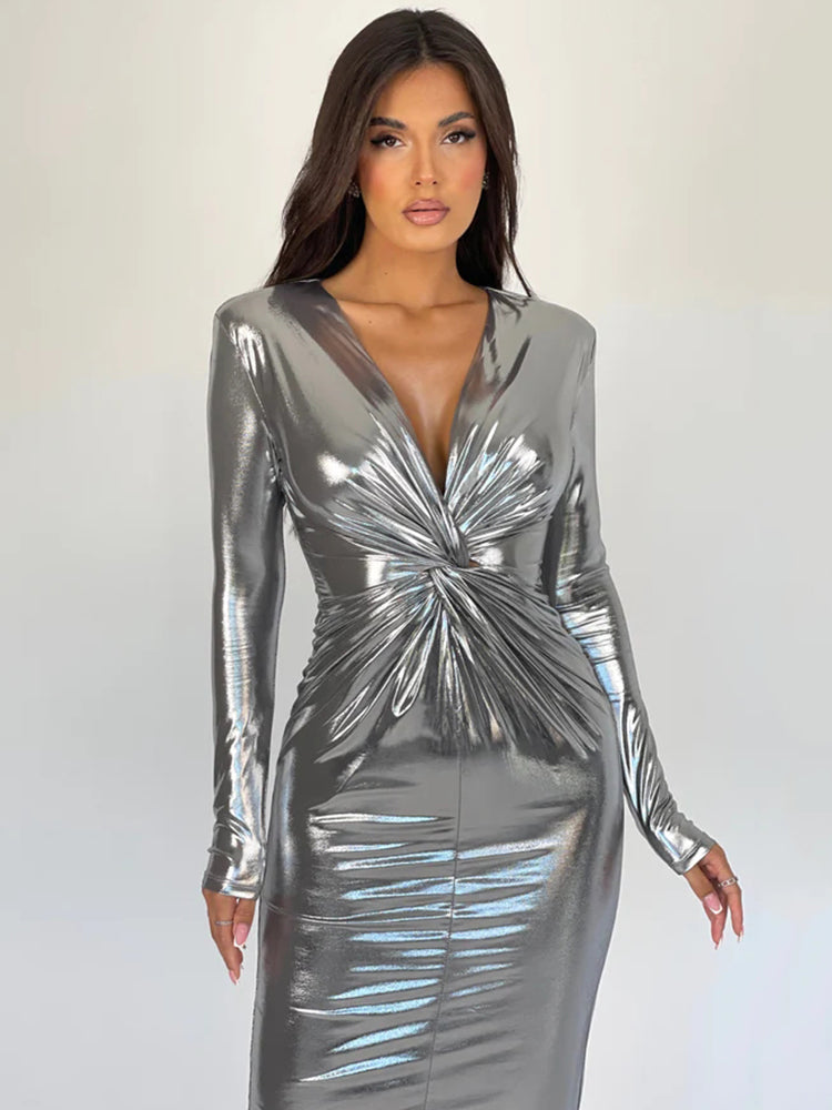 Rachel Deep V Neck Ruched Sexy Maxi Dress