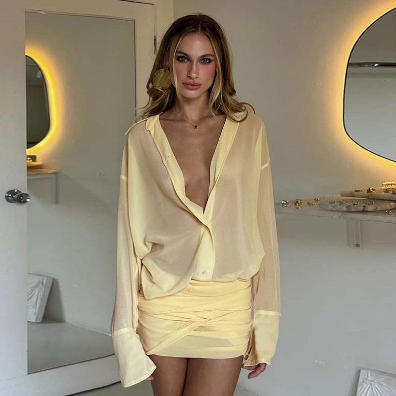Ruby Sexy Long Sleeve Turn-down Collar Bag Hip Strap Shirt Dress
