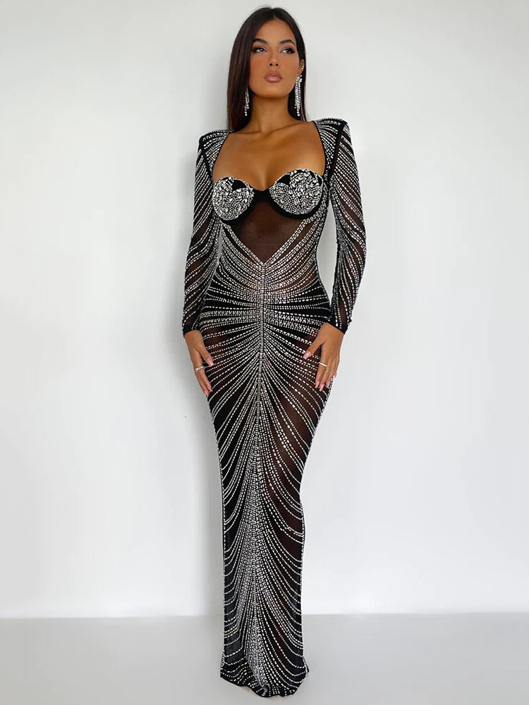 Lydia Glitter Mesh See Through Party Maxi Dress