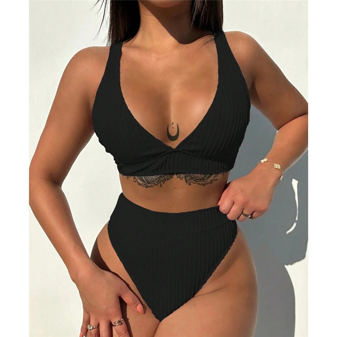 Holly Ribbed V Neck Padded High Waist Bikini