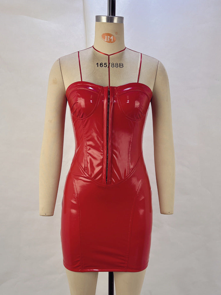 Pamela Off-shoulder Strapless Pu Leather Dress