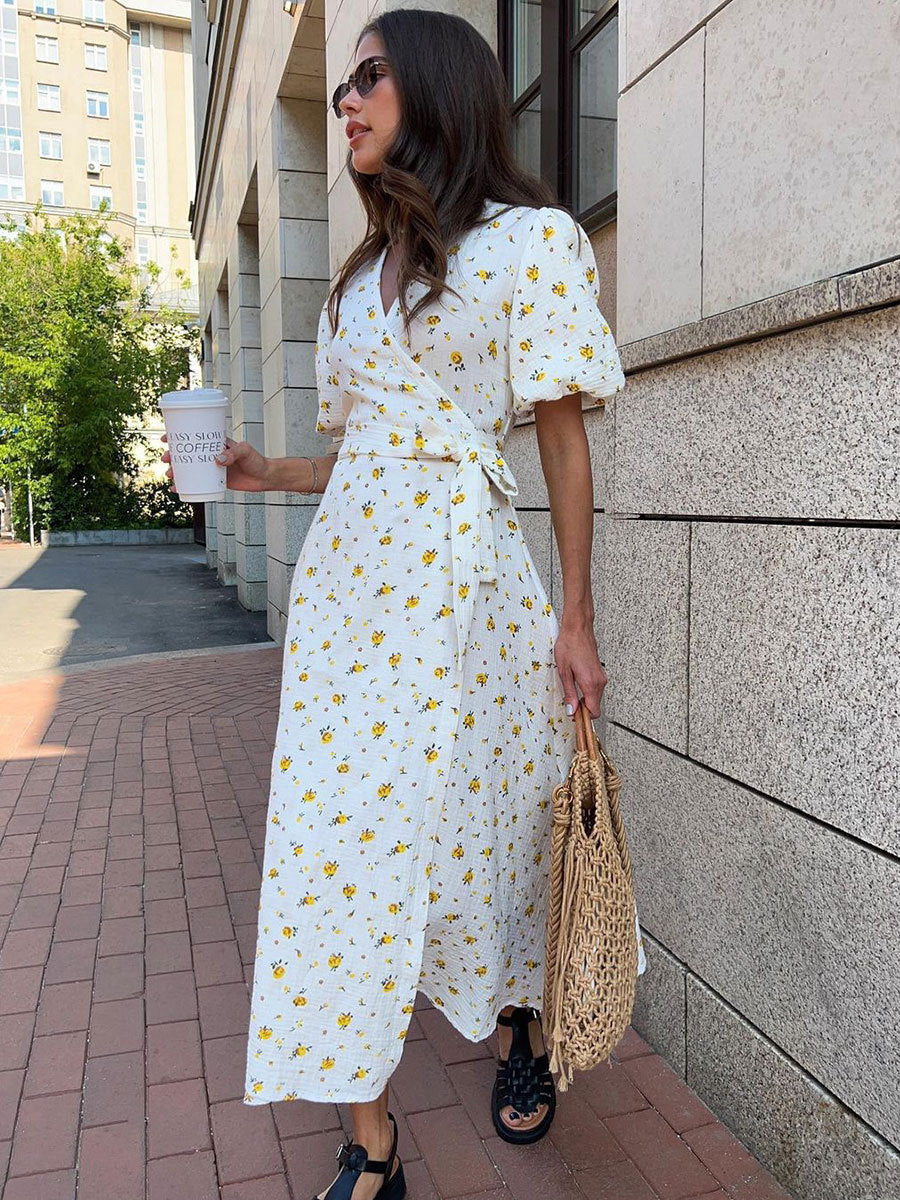 Laura V-Neck Printed Lace-Up Maxi Dress