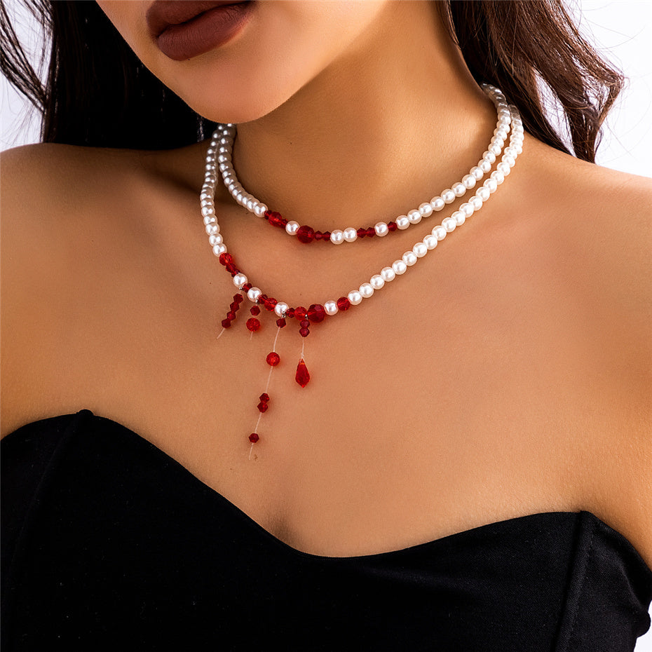Marilyn Vintage Red Blood Pearl Chain Necklace