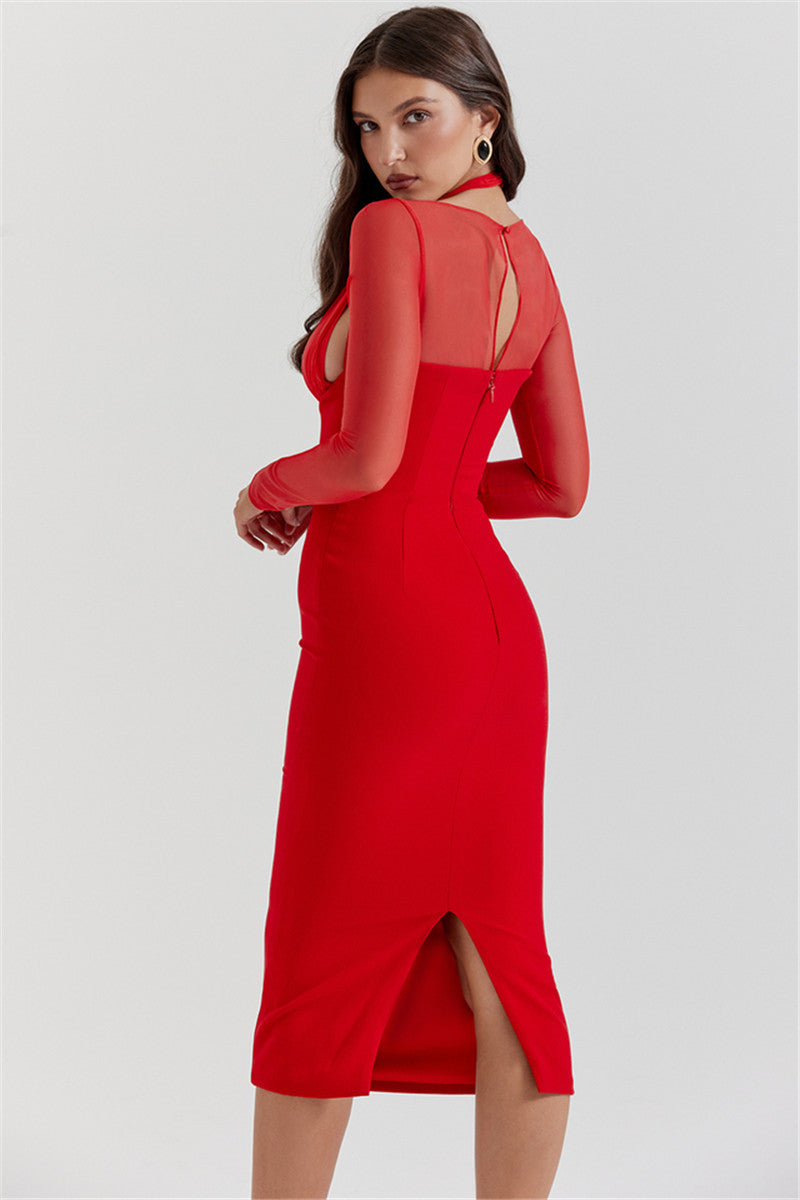 Teresa Halter Deep V Neck Sexy Midi Dress