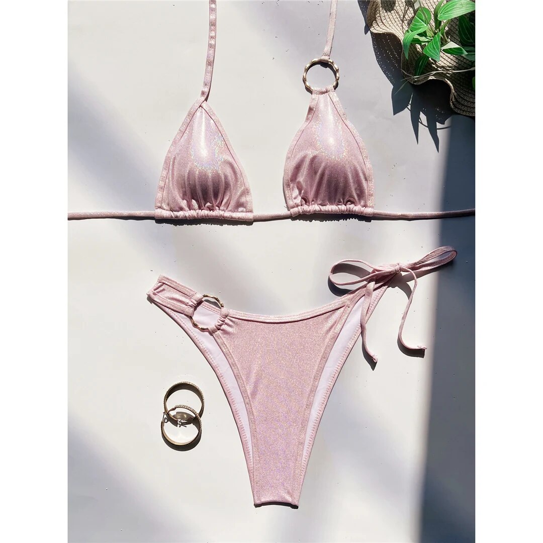 Rose Sparkling Halter Metal Rings Bikini