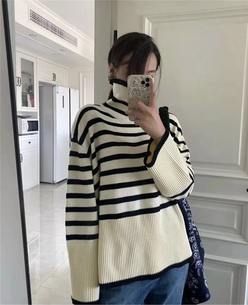 Jennifer Woman Loose Striped Turtle Neck Sweater