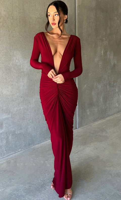 Ruby Deep V Neck Ruched Maxi Dress
