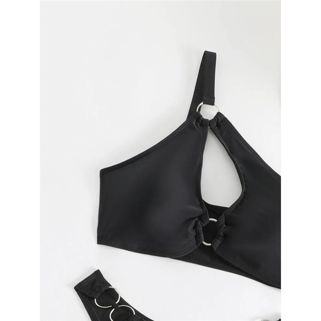 Sheila Sexy Cut Out One Shoulder Metal Rings Bikini